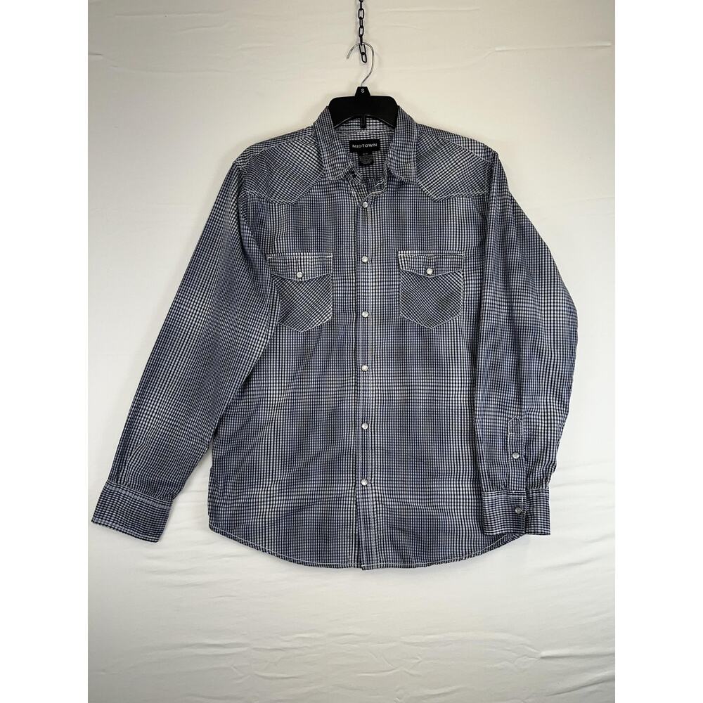 Midtown Shirt Mens Medium Blue White Check Plaid Western Snap Button Long Sleeve